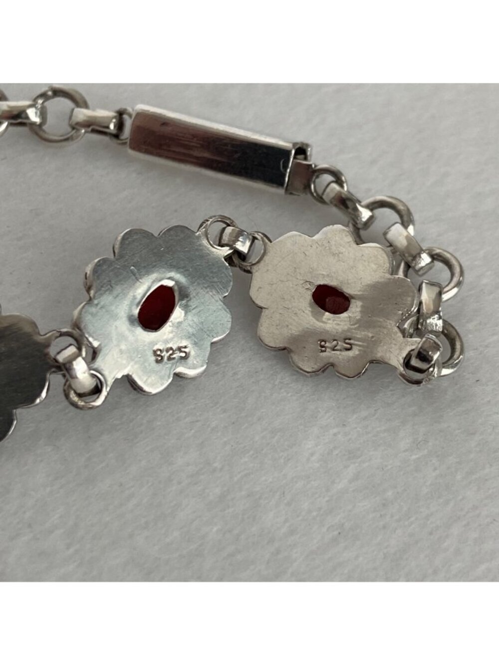 Sterling Silver 925 Garnet Cabochon Flower Floral Link Bracelet 7" - Picture 9 of 16